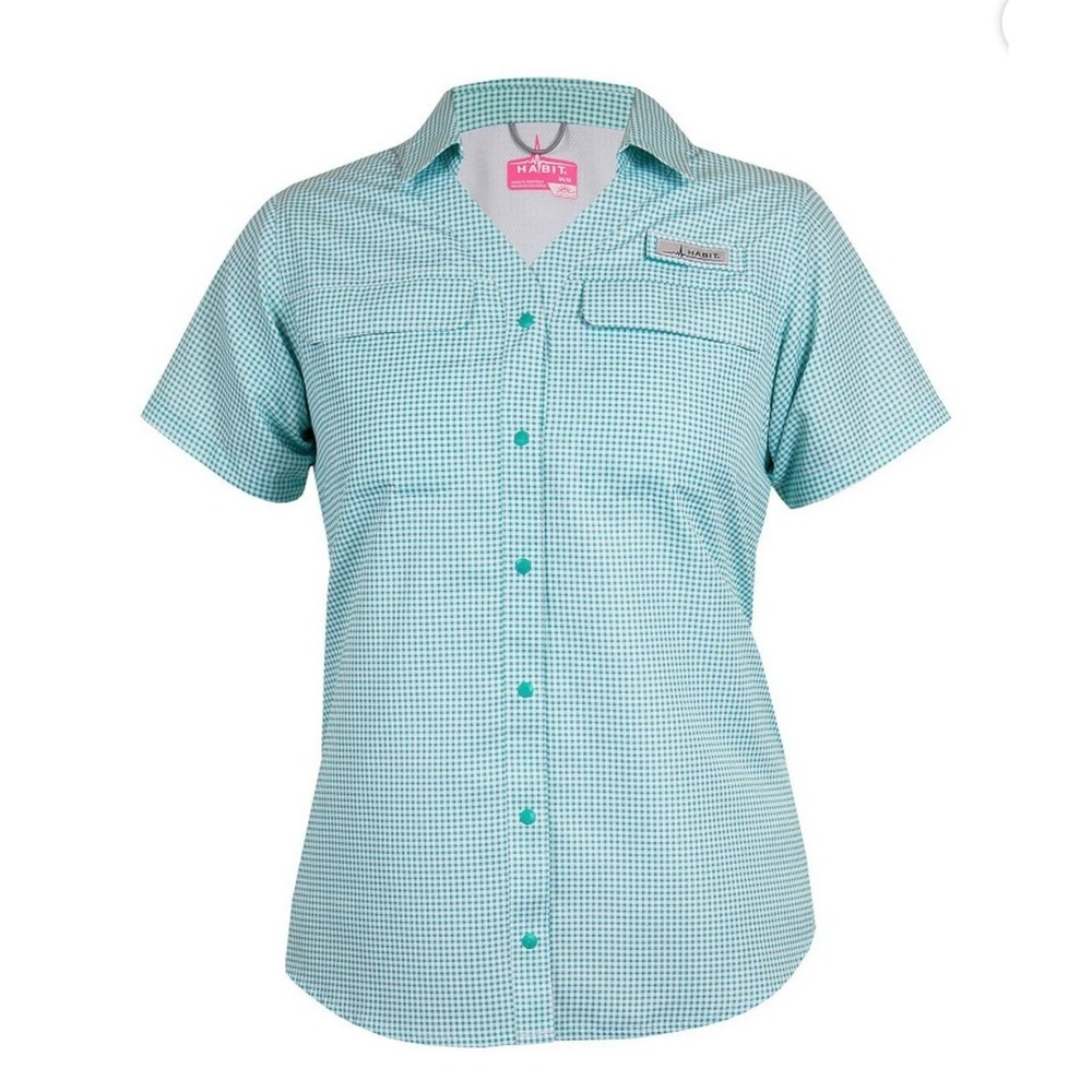 Habit Women's Pike's Pier Short Sleeve Vented‎ Back Shirt turquoise gingham SM
